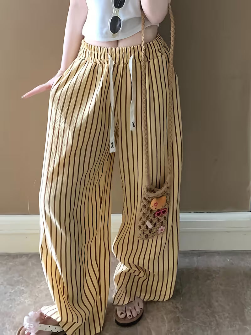 Women's Loose-Fit Sleep Pants with Dual Pockets, Elastic Waist, Thin Wide-Leg Trousers, Suitable for Outerwear or Loungewear for Petite Figures