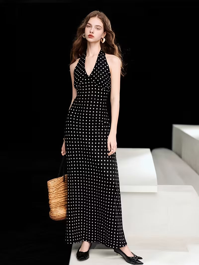 [Vintage Polka Dot Dress] French Vintage Style V-Neck Polka Dot Halter Sleeveless Backless Long Dress for Women - New Summer Collection