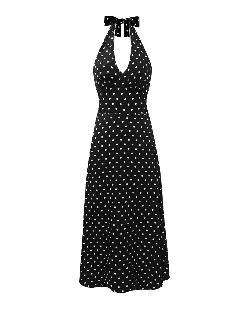 [Vintage Polka Dot Dress] French Vintage Style V-Neck Polka Dot Halter Sleeveless Backless Long Dress for Women - New Summer Collection