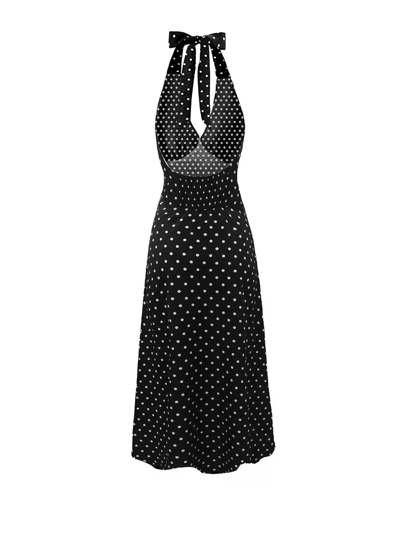 [Vintage Polka Dot Dress] French Vintage Style V-Neck Polka Dot Halter Sleeveless Backless Long Dress for Women - New Summer Collection