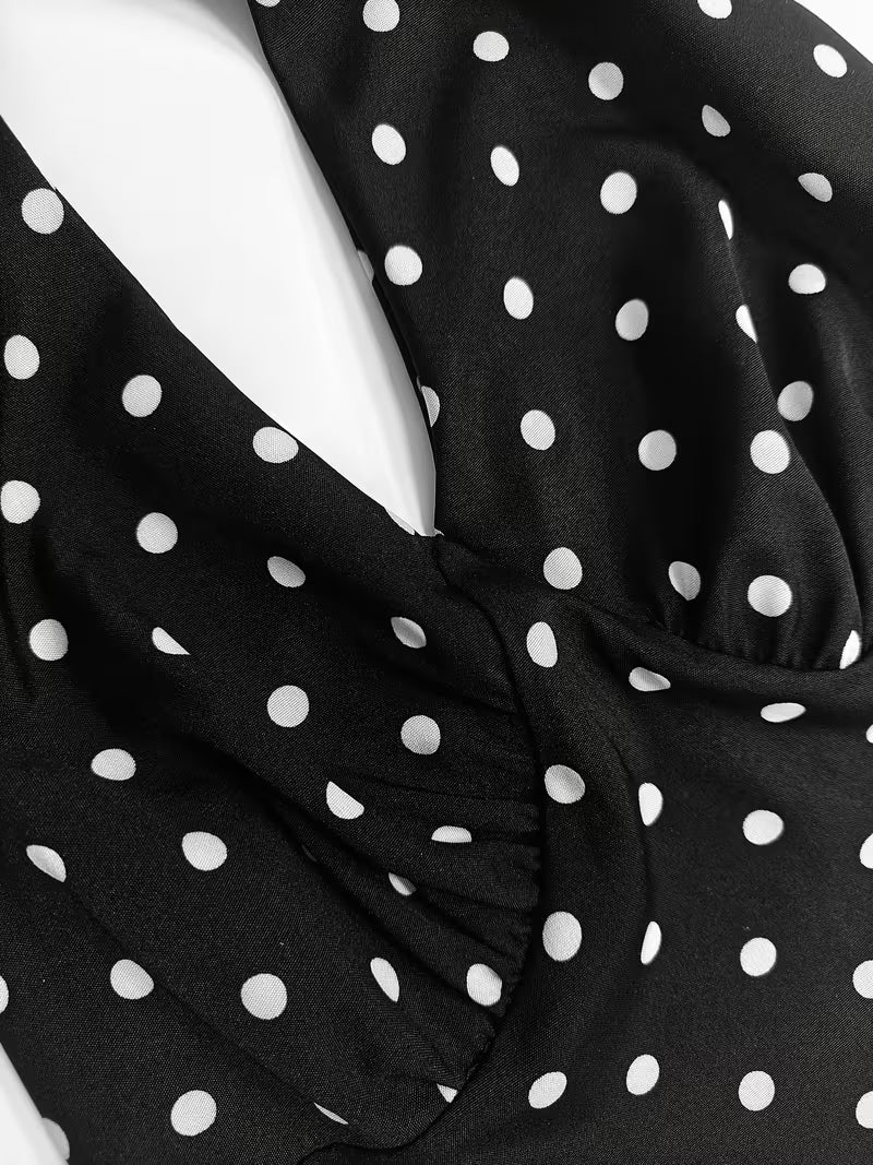 [Vintage Polka Dot Dress] French Vintage Style V-Neck Polka Dot Halter Sleeveless Backless Long Dress for Women - New Summer Collection