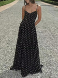 Women's New Summer French-Style Elegant Vintage Polka Dot Waist-Cinching Vacation-Inspired Long Dress with Thin Straps