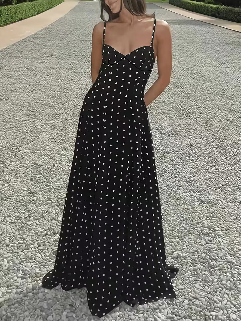 Women's New Summer French-Style Elegant Vintage Polka Dot Waist-Cinching Vacation-Inspired Long Dress with Thin Straps