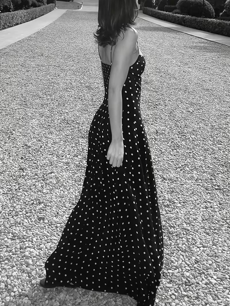 Women's New Summer French-Style Elegant Vintage Polka Dot Waist-Cinching Vacation-Inspired Long Dress with Thin Straps