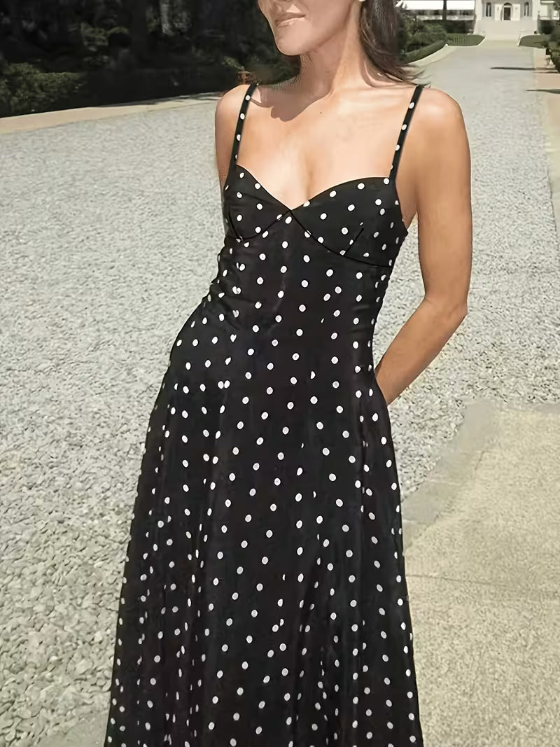 Women's New Summer French-Style Elegant Vintage Polka Dot Waist-Cinching Vacation-Inspired Long Dress with Thin Straps