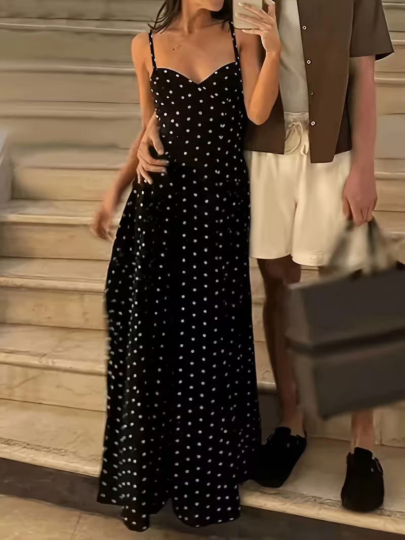Women's New Summer French-Style Elegant Vintage Polka Dot Waist-Cinching Vacation-Inspired Long Dress with Thin Straps