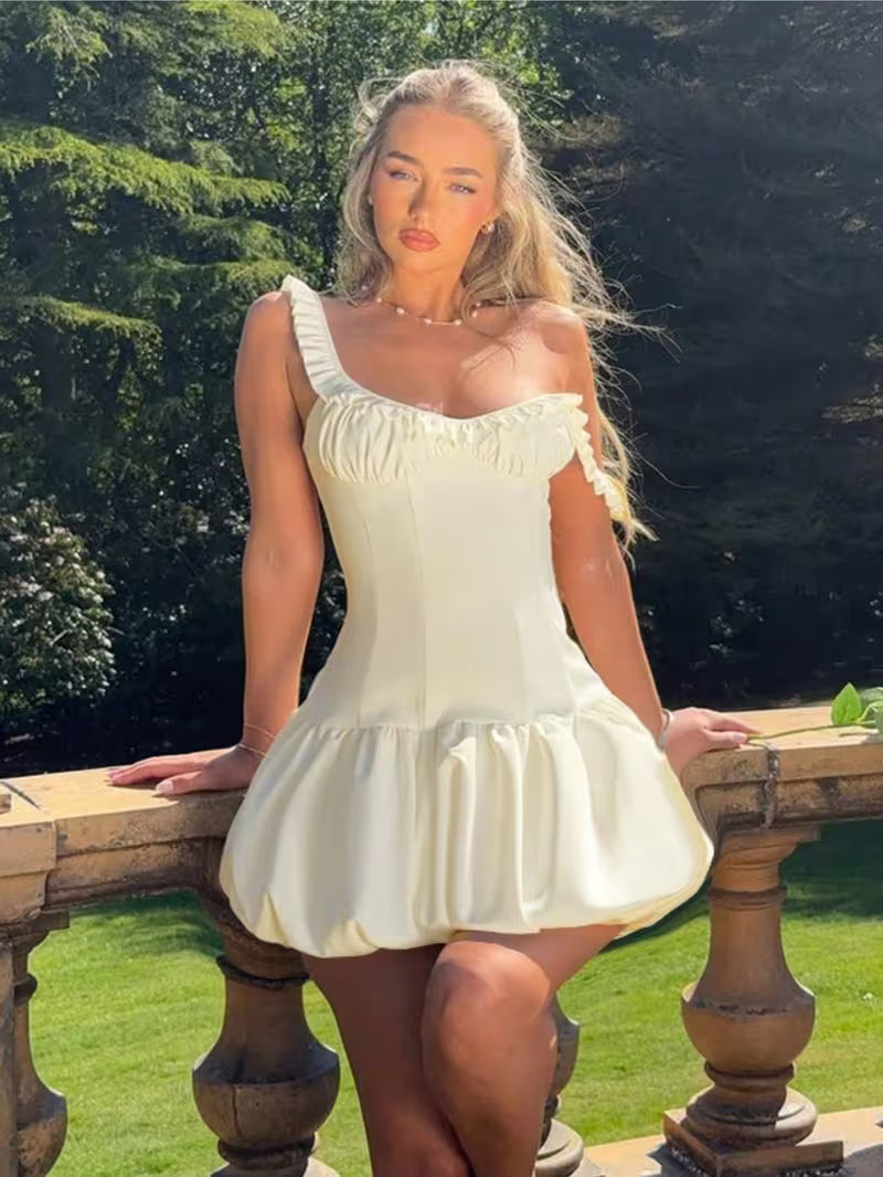 Womens Y2K Ruffle Peplum Mini Dress with Spaghetti Straps Waist Defining Fit Party Night Out