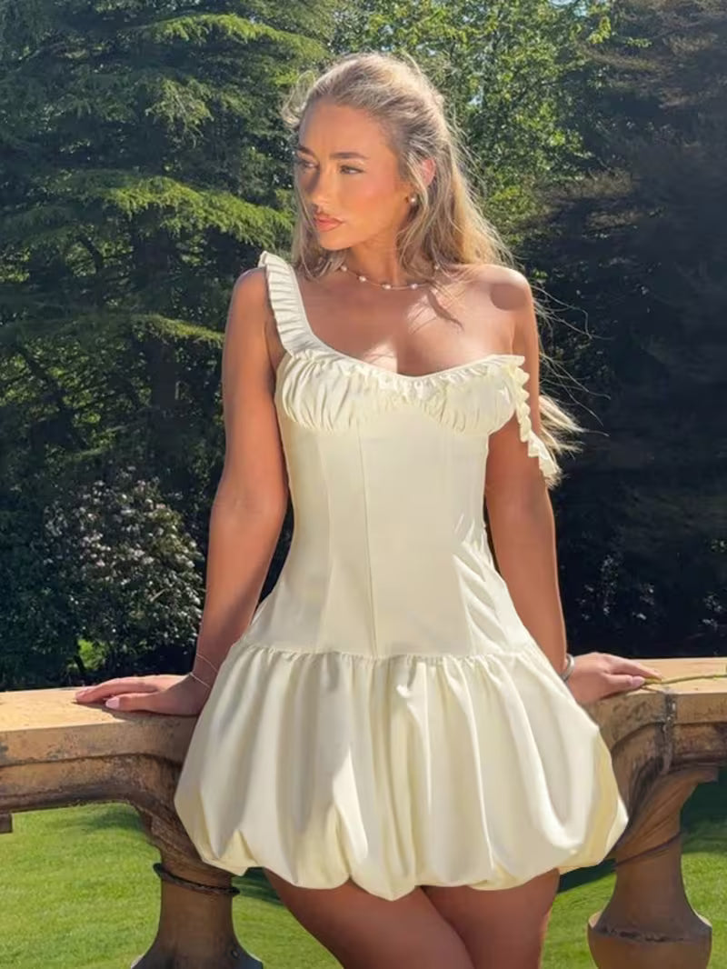 Womens Y2K Ruffle Peplum Mini Dress with Spaghetti Straps Waist Defining Fit Party Night Out