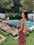 Women's Premium Style Plaid Camisole Dress Early Spring Beach Vacation Red Waist-cinching Bodycon Maxi Dress
