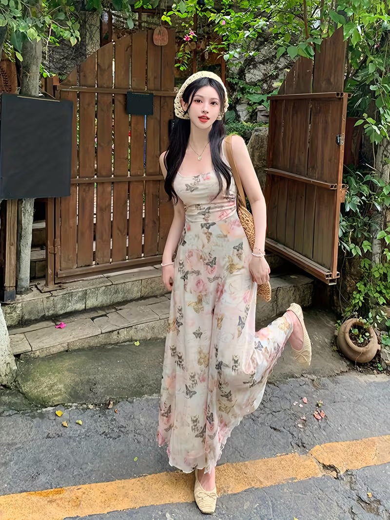 Super Beautiful Suspender Dress with Print U-Neck And Slim Waist for Spring And Summer New Style Women'S Hip Long Skirt