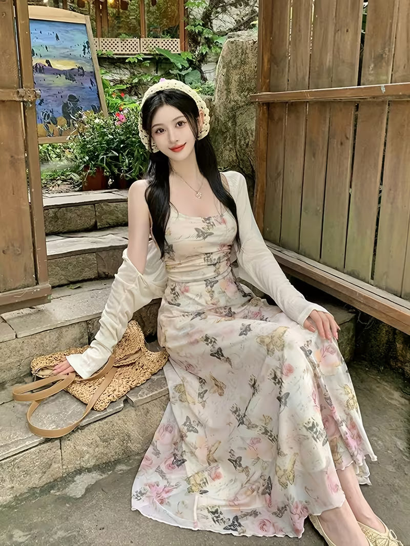 Super Beautiful Suspender Dress with Print U-Neck And Slim Waist for Spring And Summer New Style Women'S Hip Long Skirt