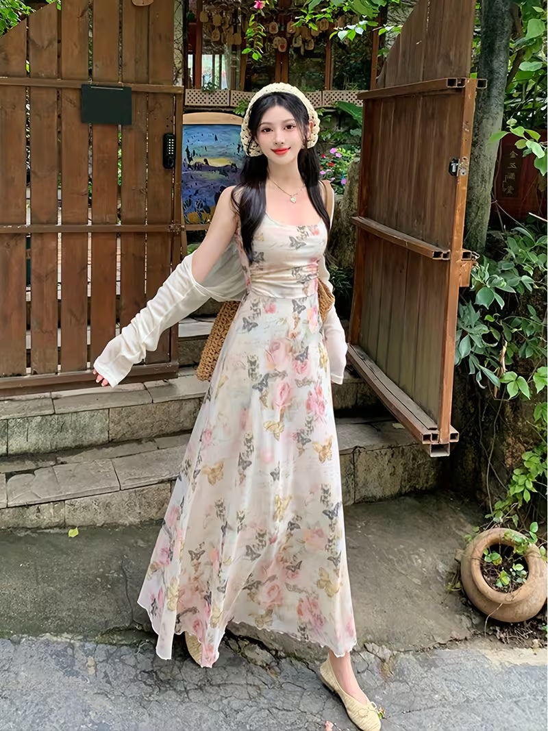 Super Beautiful Suspender Dress with Print U-Neck And Slim Waist for Spring And Summer New Style Women'S Hip Long Skirt