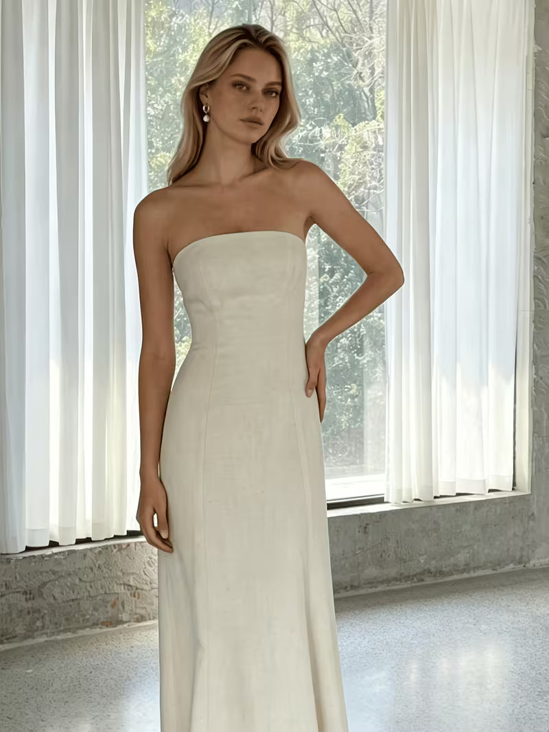 Minimal French Cream Strapless Midi Dress with Back Elastic Waist, A-Line Commuter Vacation Elegant Dress