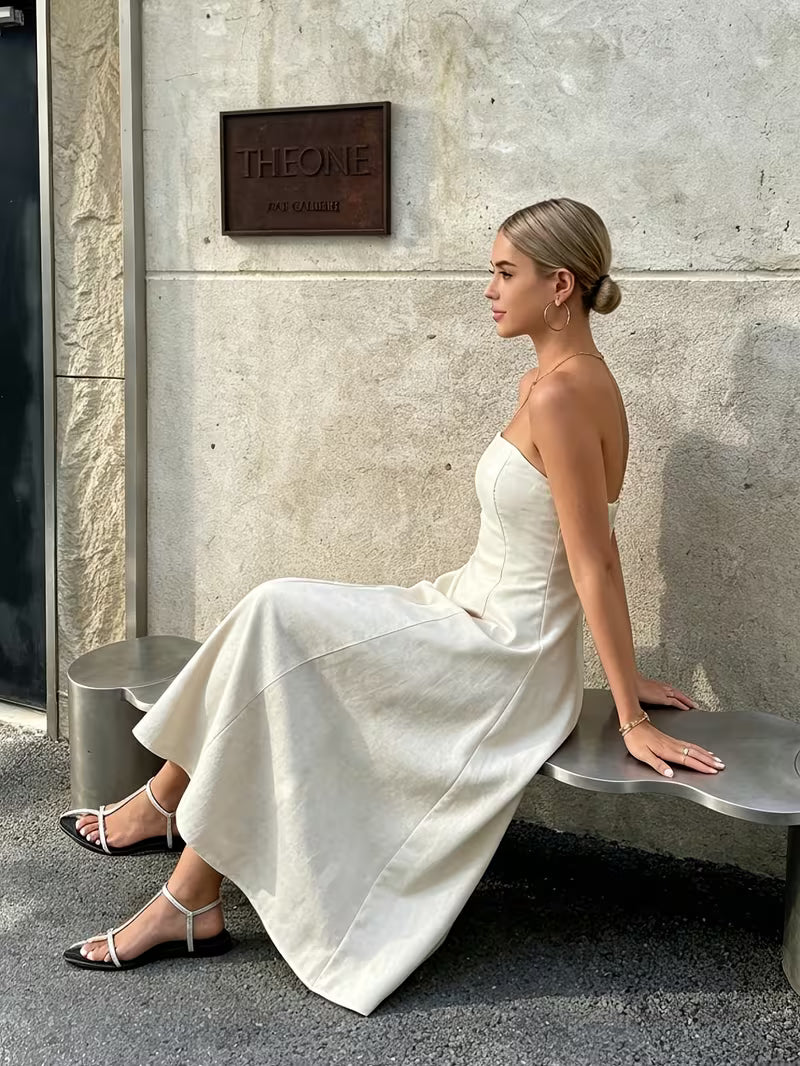 Minimal French Cream Strapless Midi Dress with Back Elastic Waist, A-Line Commuter Vacation Elegant Dress