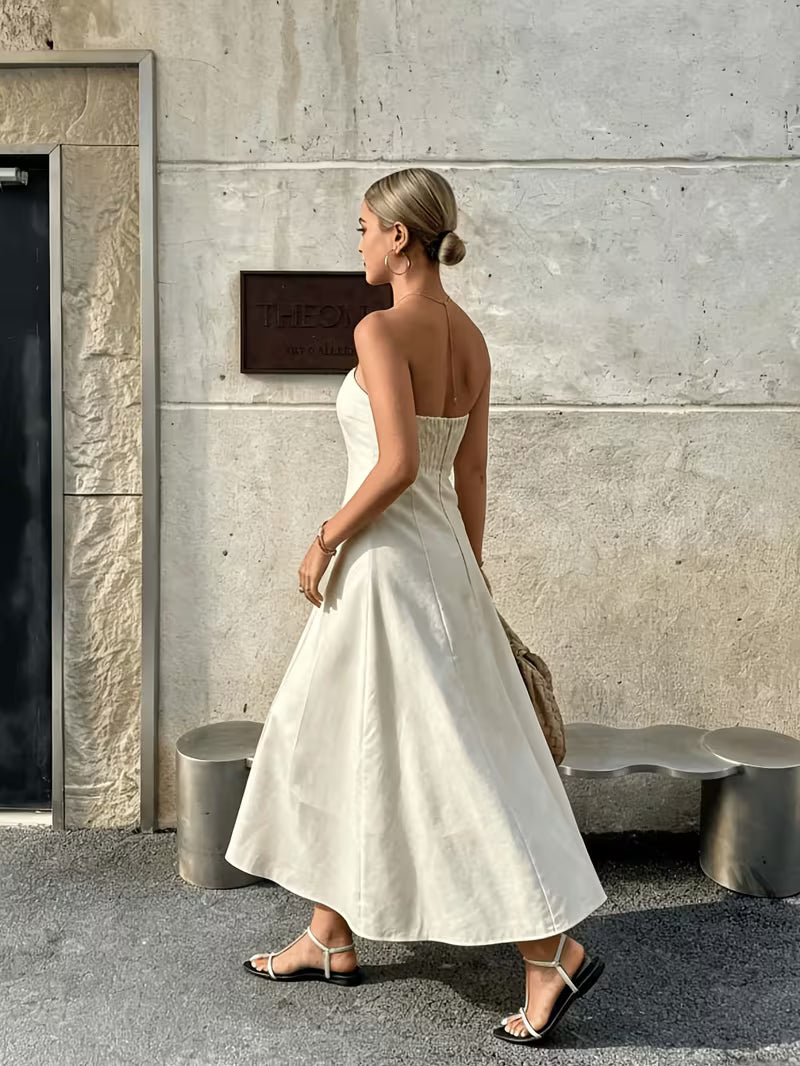 Minimal French Cream Strapless Midi Dress with Back Elastic Waist, A-Line Commuter Vacation Elegant Dress