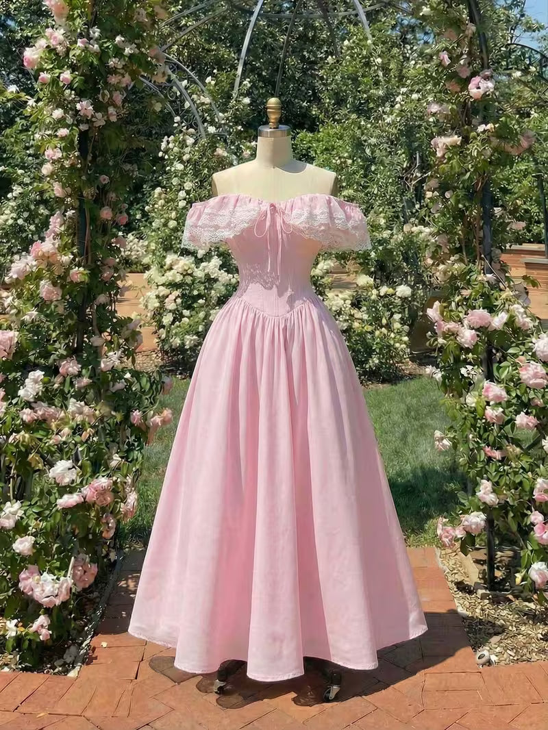 Women'S Spring And Summer Off-The-Shoulder Lace Bow Waist Flared Midi Dress