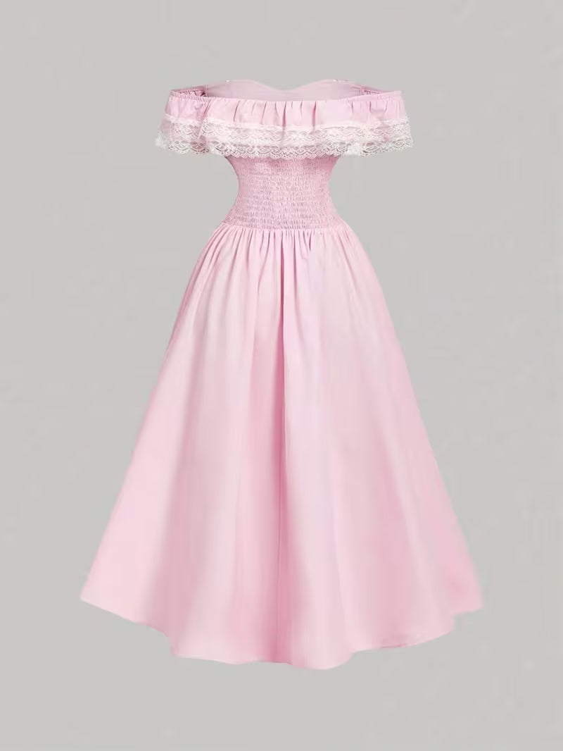 Women'S Spring And Summer Off-The-Shoulder Lace Bow Waist Flared Midi Dress
