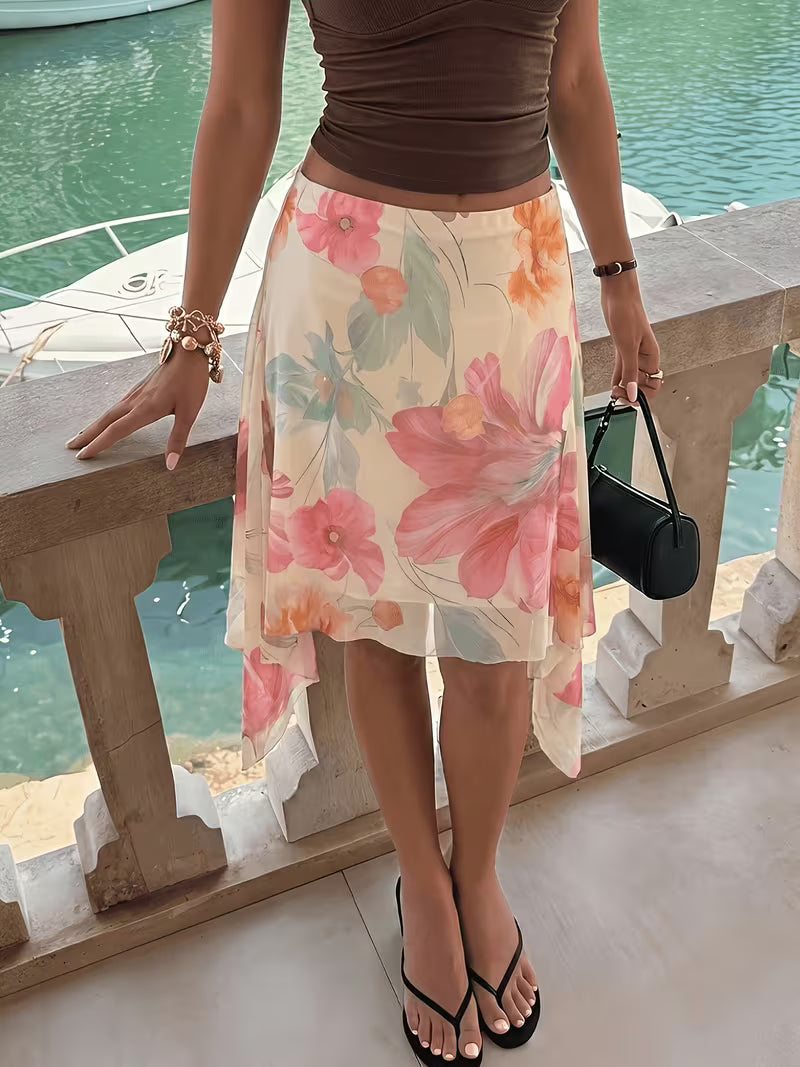 Women's Floral Print Asymmetrical Hem Elegant Dress, Summer Apparel, Beach Vacation, Bohemian Tropical Vacation Print Dress