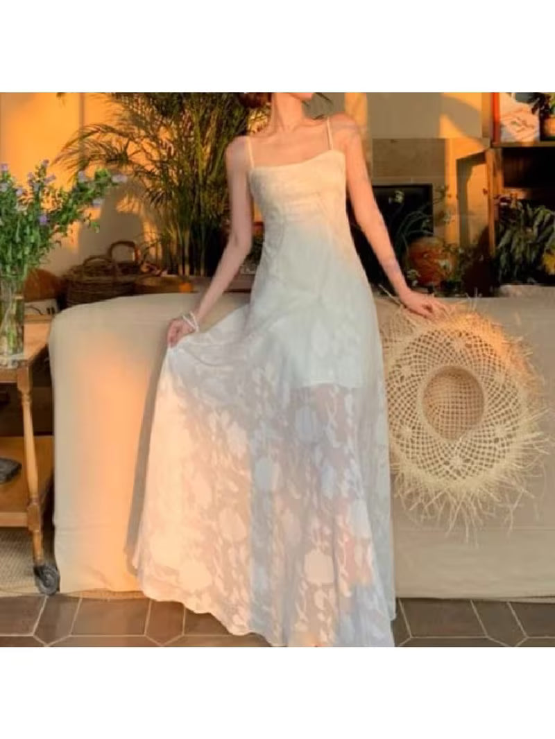 2026 Summer French Lace Cami Dress, Mint Manbo Color Waist Tie Long Dress, Bohemian Beach Vacation Outfit