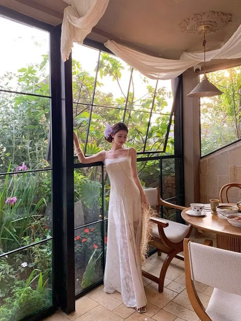 2026 Summer French Lace Cami Dress, Mint Manbo Color Waist Tie Long Dress, Bohemian Beach Vacation Outfit