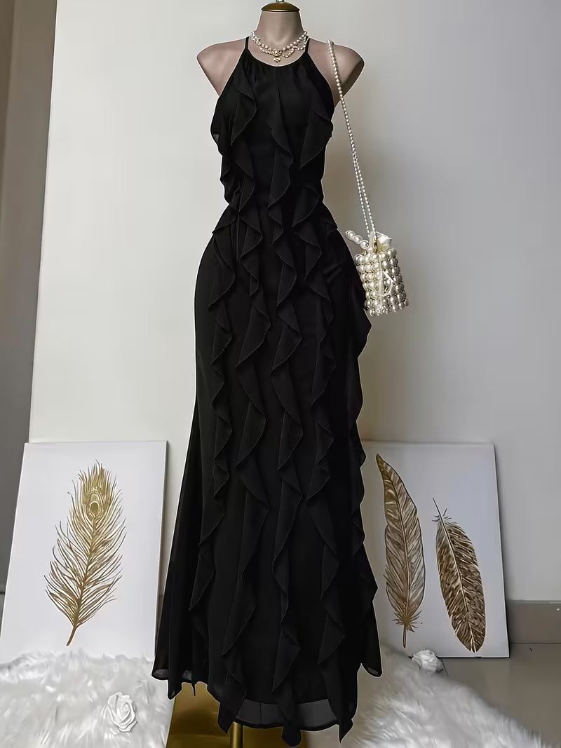 Women's Fashionable Elegant Temperament Ruffled Halter Neck Backless Long Dress, Birthday Party Annual Gala Evening Dress