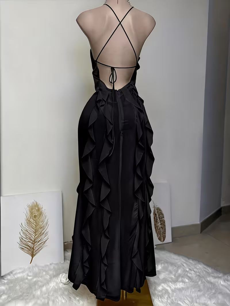 Women's Fashionable Elegant Temperament Ruffled Halter Neck Backless Long Dress, Birthday Party Annual Gala Evening Dress