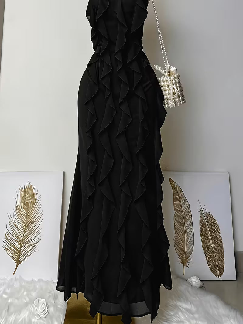 Women's Fashionable Elegant Temperament Ruffled Halter Neck Backless Long Dress, Birthday Party Annual Gala Evening Dress