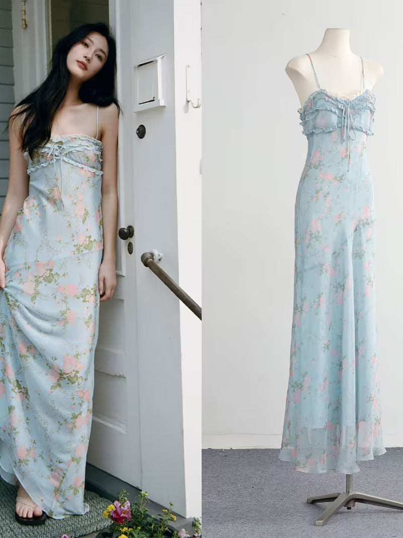 Women's Floral Chiffon Slip Dress with Lace Panel, Ruffle Hem, Spaghetti Straps, Elegant Long Maxi Dress for Summer
