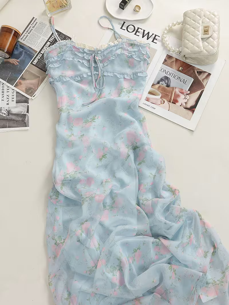 Women's Floral Chiffon Slip Dress with Lace Panel, Ruffle Hem, Spaghetti Straps, Elegant Long Maxi Dress for Summer
