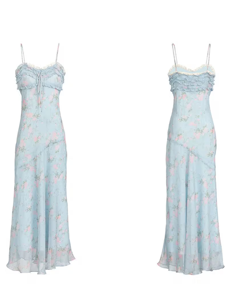 Women's Floral Chiffon Slip Dress with Lace Panel, Ruffle Hem, Spaghetti Straps, Elegant Long Maxi Dress for Summer