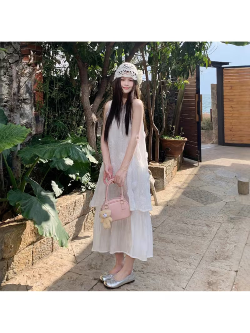 Summer French Retro Gentle Style Fake Two-Piece Pleated Sleeveless Vest Dress Women'S Elegant Long Dress