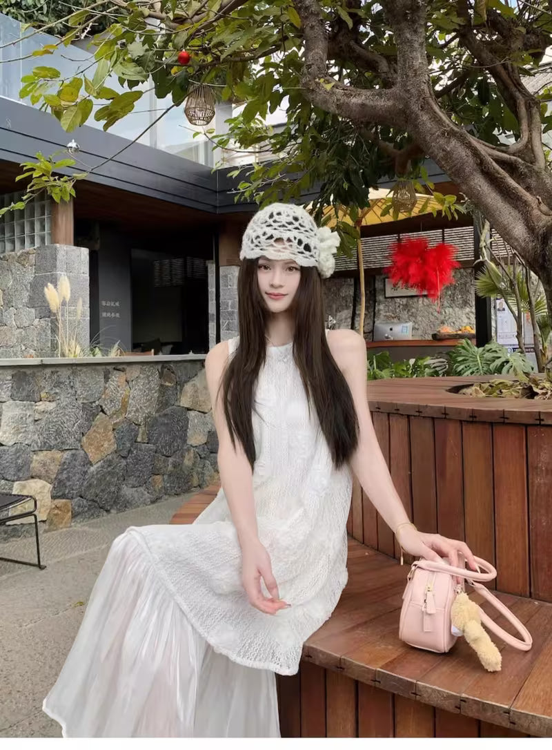 Summer French Retro Gentle Style Fake Two-Piece Pleated Sleeveless Vest Dress Women'S Elegant Long Dress