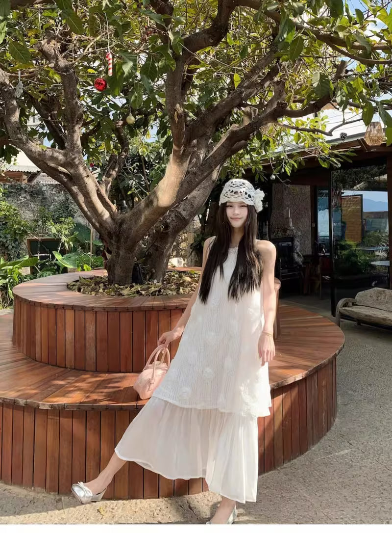 Summer French Retro Gentle Style Fake Two-Piece Pleated Sleeveless Vest Dress Women'S Elegant Long Dress
