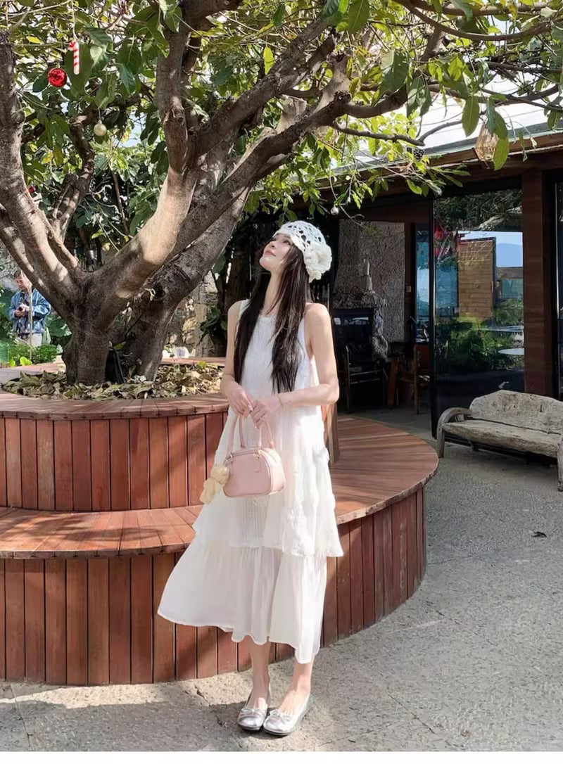 Summer French Retro Gentle Style Fake Two-Piece Pleated Sleeveless Vest Dress Women'S Elegant Long Dress