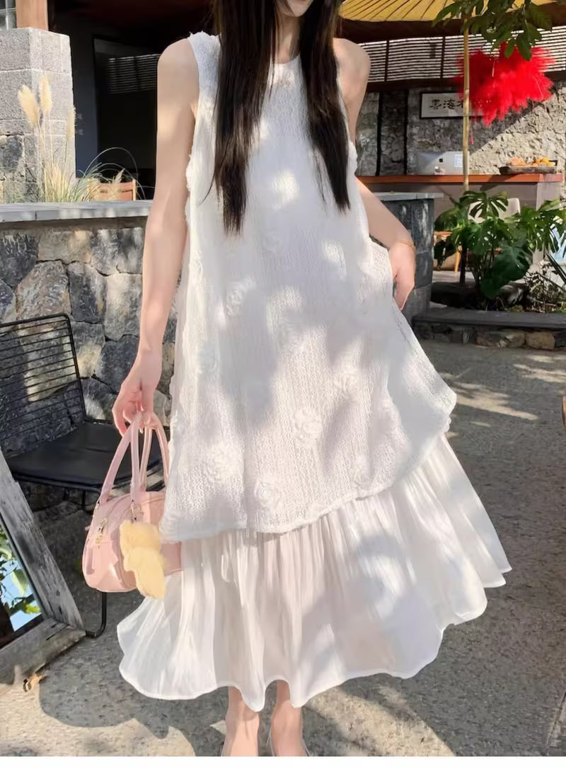 Summer French Retro Gentle Style Fake Two-Piece Pleated Sleeveless Vest Dress Women'S Elegant Long Dress