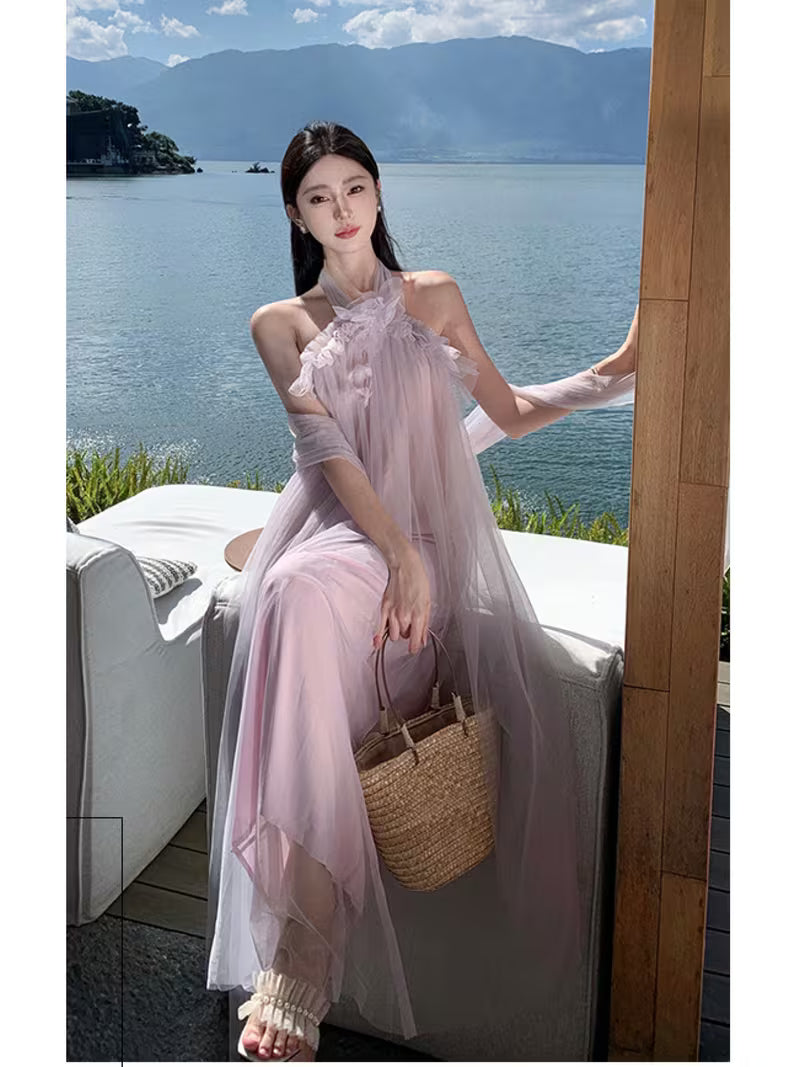 New French Halter Backless Organza Dress Summer Mesh Fairy Dress Daily & Holiday Wear Vacation Long Dress