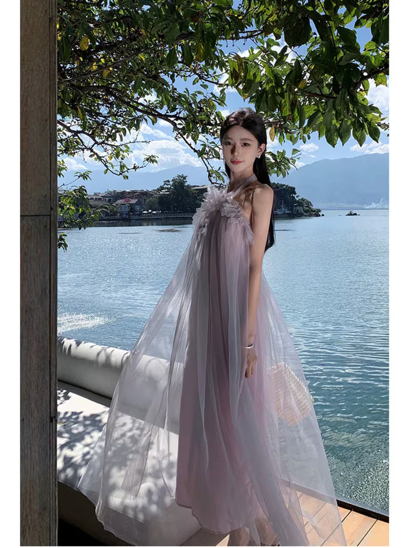 New French Halter Backless Organza Dress Summer Mesh Fairy Dress Daily & Holiday Wear Vacation Long Dress