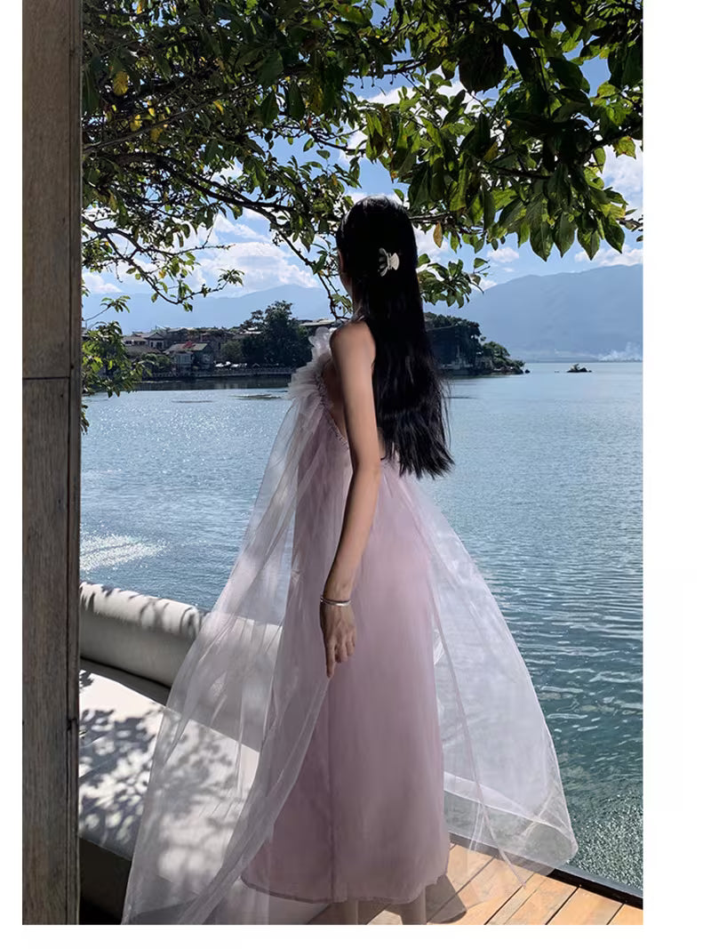 New French Halter Backless Organza Dress Summer Mesh Fairy Dress Daily & Holiday Wear Vacation Long Dress