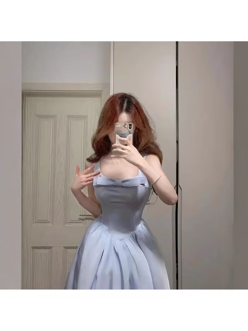 French -Line Dress with Square Neck & Waist-Cinching Bow - Elegant Fairy-Tale Long Dress Suitable for Weddings, Parties, Prom - Solid Color Non- Dress for Fall, Dry Care