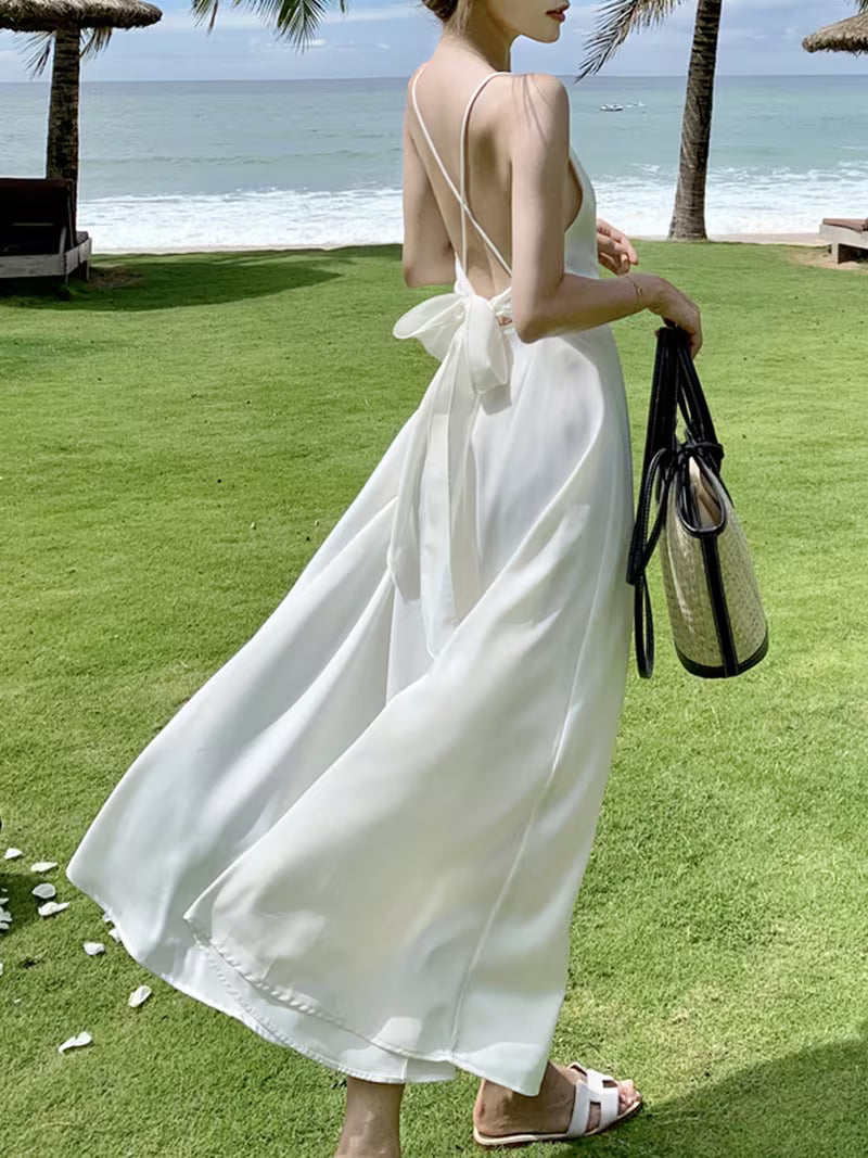 Summer New Style Sanya Beach Resort Style Cross-Suspender Dress for Women, French Style Long Dress