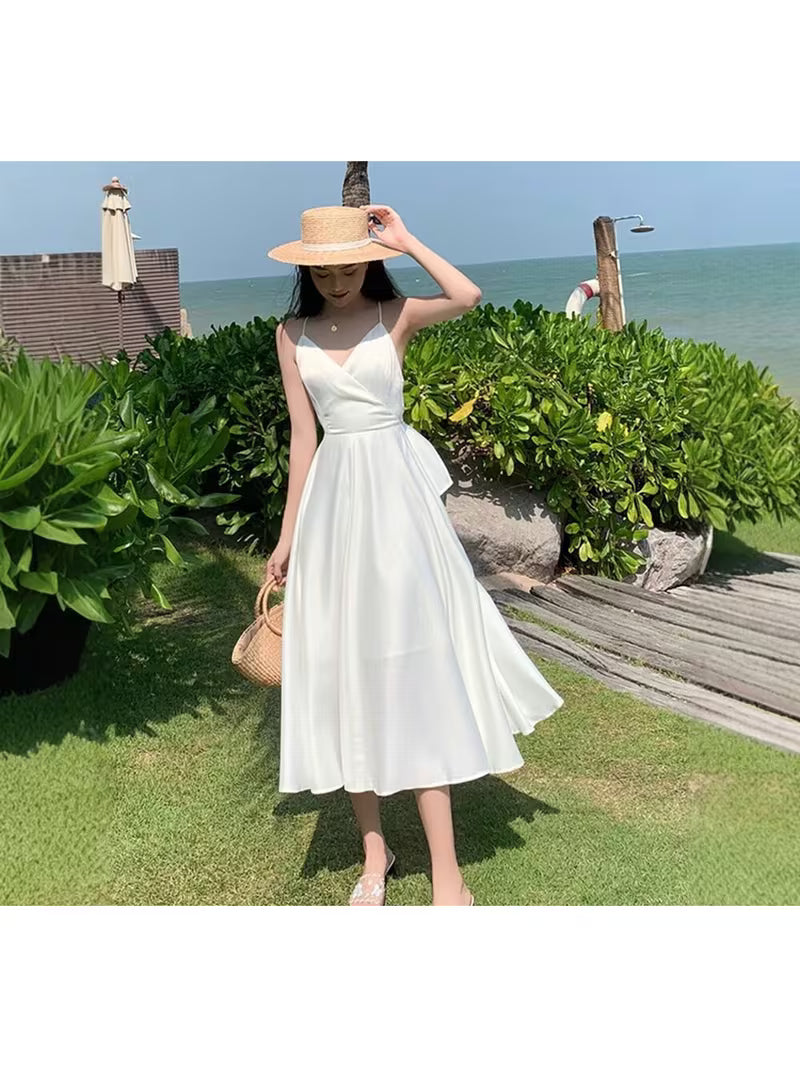 Summer New Style Sanya Beach Resort Style Cross-Suspender Dress for Women, French Style Long Dress
