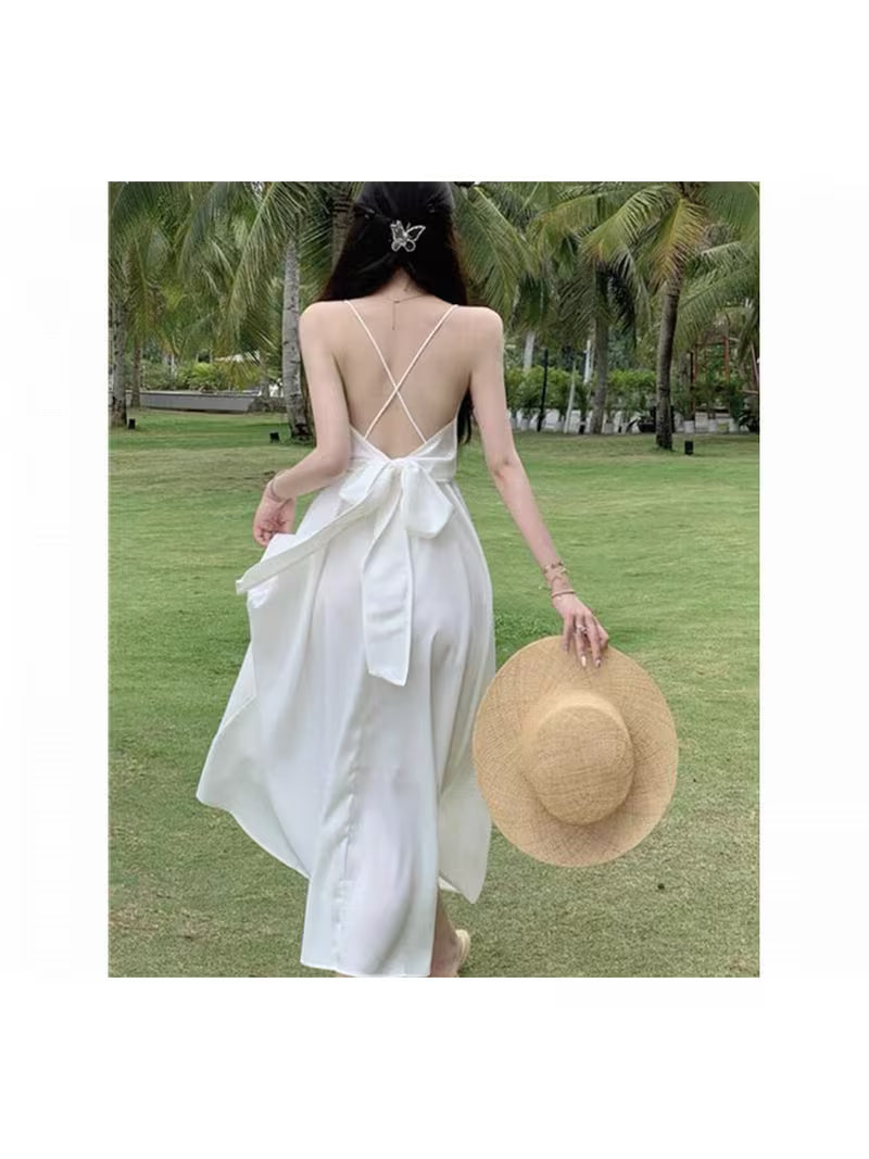 Summer New Style Sanya Beach Resort Style Cross-Suspender Dress for Women, French Style Long Dress