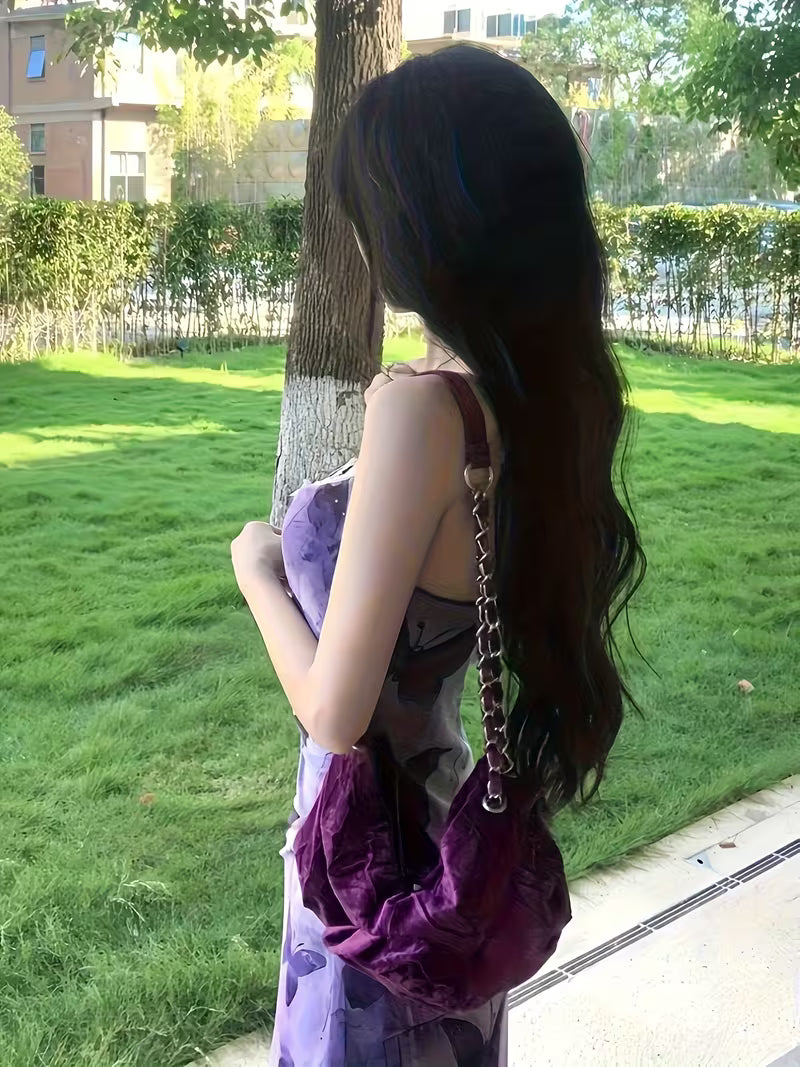 A-Line Waist-Cinching Mesh Slip Dress with a Purple Butterfly Illusion Print, Featuring Lace And an Off-Shoulder Design with a Backless Long Skirt