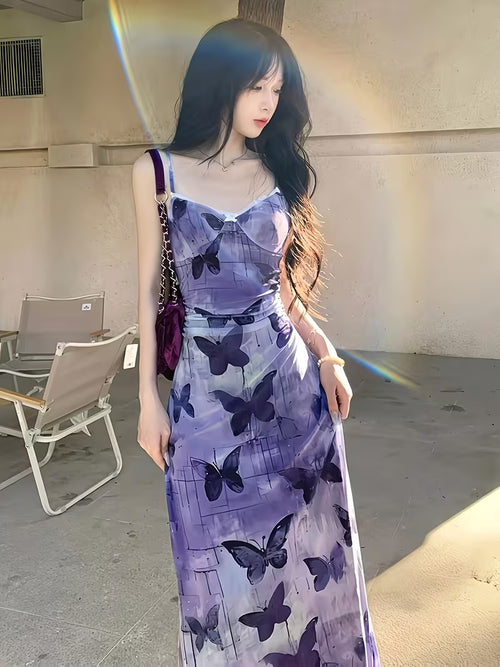 A-Line Waist-Cinching Mesh Slip Dress with a Purple Butterfly Illusion Print, Featuring Lace And an Off-Shoulder Design with a Backless Long Skirt