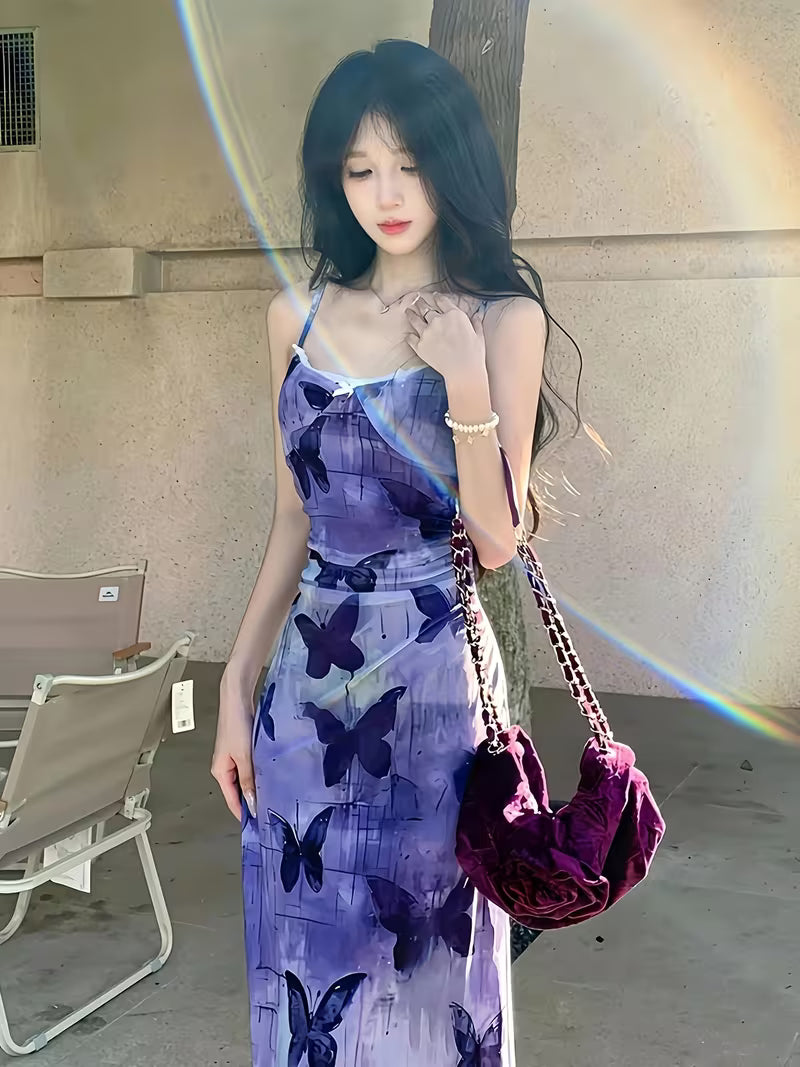 A-Line Waist-Cinching Mesh Slip Dress with a Purple Butterfly Illusion Print, Featuring Lace And an Off-Shoulder Design with a Backless Long Skirt
