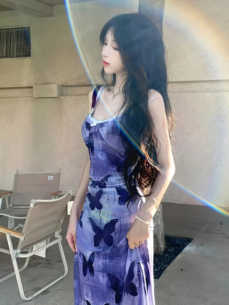A-Line Waist-Cinching Mesh Slip Dress with a Purple Butterfly Illusion Print, Featuring Lace And an Off-Shoulder Design with a Backless Long Skirt