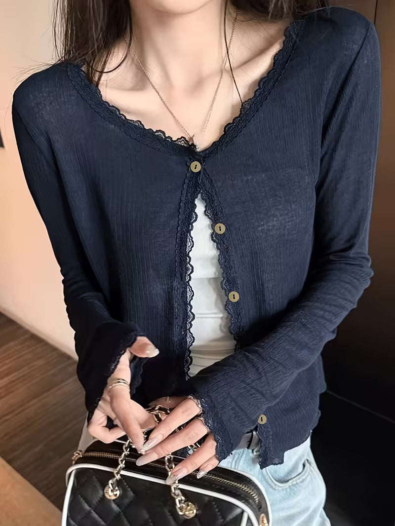 Solid Color Lace Ruffled Round Neck Thin Sheer Long Sleeve Cardigan