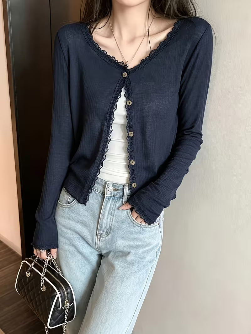 Solid Color Lace Ruffled Round Neck Thin Sheer Long Sleeve Cardigan