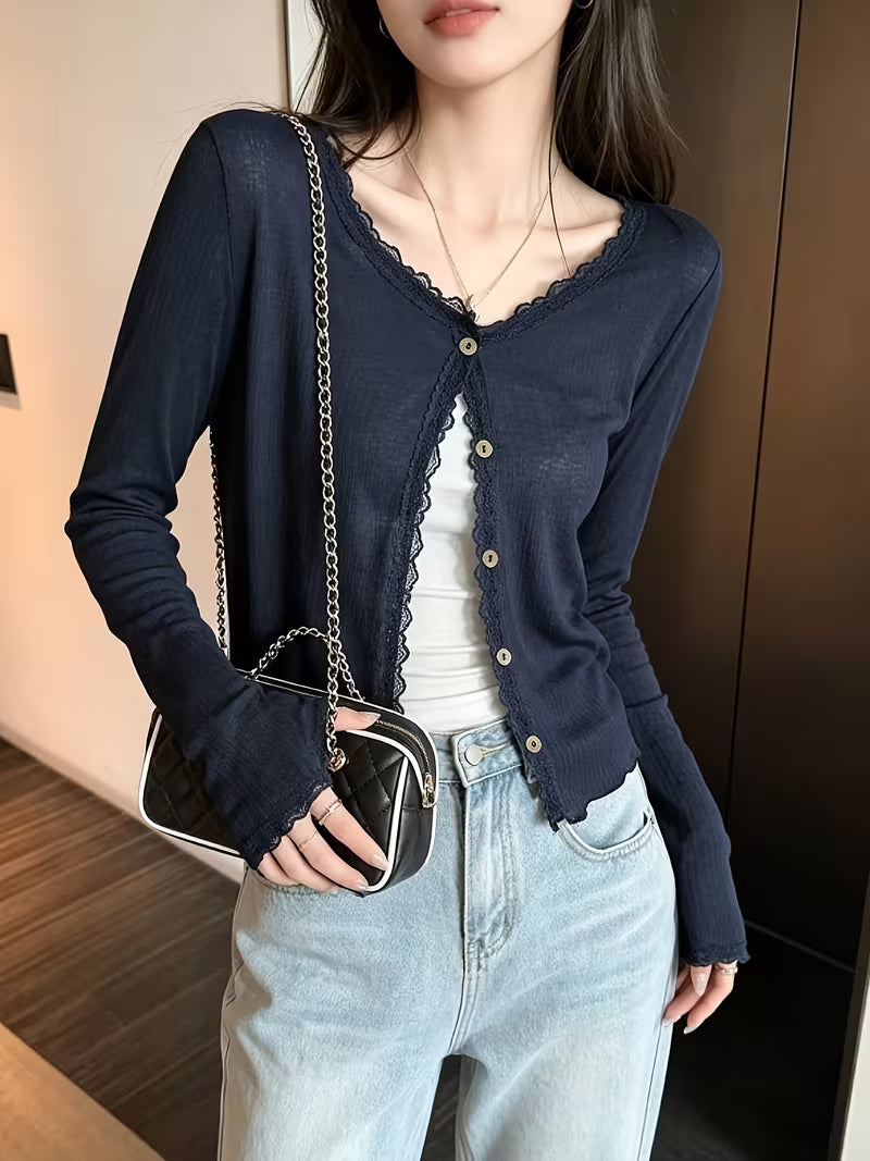 Solid Color Lace Ruffled Round Neck Thin Sheer Long Sleeve Cardigan