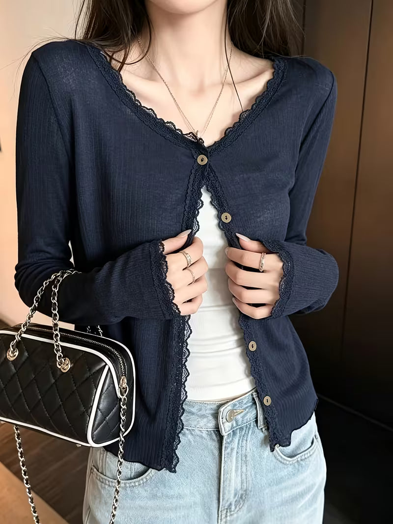 Solid Color Lace Ruffled Round Neck Thin Sheer Long Sleeve Cardigan